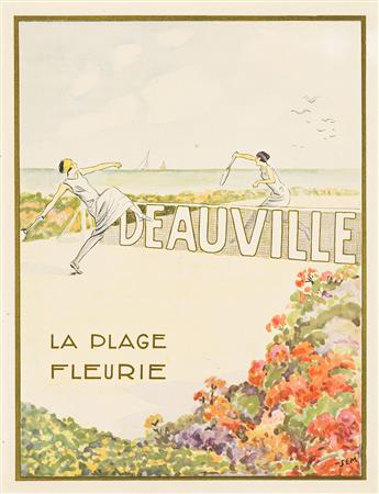 SEM (GEORGES GOURSAT, 1863-1934). DEAUVILLE / LA PLAGE FLEURIE. Menu cover. 1927. 13¾x10 inches, 35x25½ cm.                                      